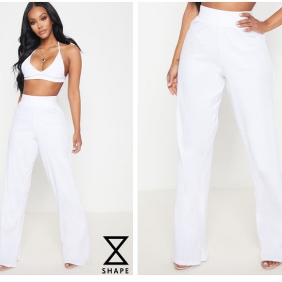 PrettyLittleThing Pants - NEW High Waist Wide Leg White Ribbed Pants